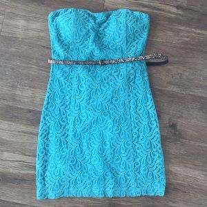 Strapless Lace Aqua Teal Blue Dress
